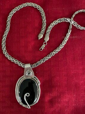 AWESOME Sterling Silver & Black Onyx Pendant on 24" Sterling Silver Solid Chain